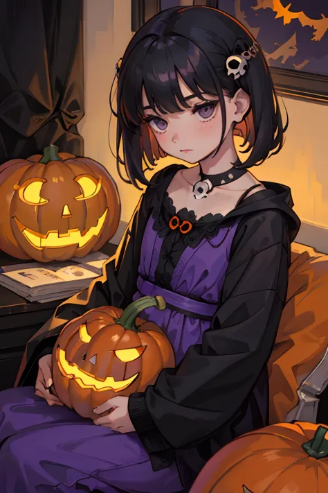 Sleepy look，(child:1.2)，（​masterpiece，Highest Quality），A dark-haired，Medium bob，witch outfit，Halloween，Jack-o'-lantern，pumpkins，skull，embarrassed from，be shy，purple backdrop