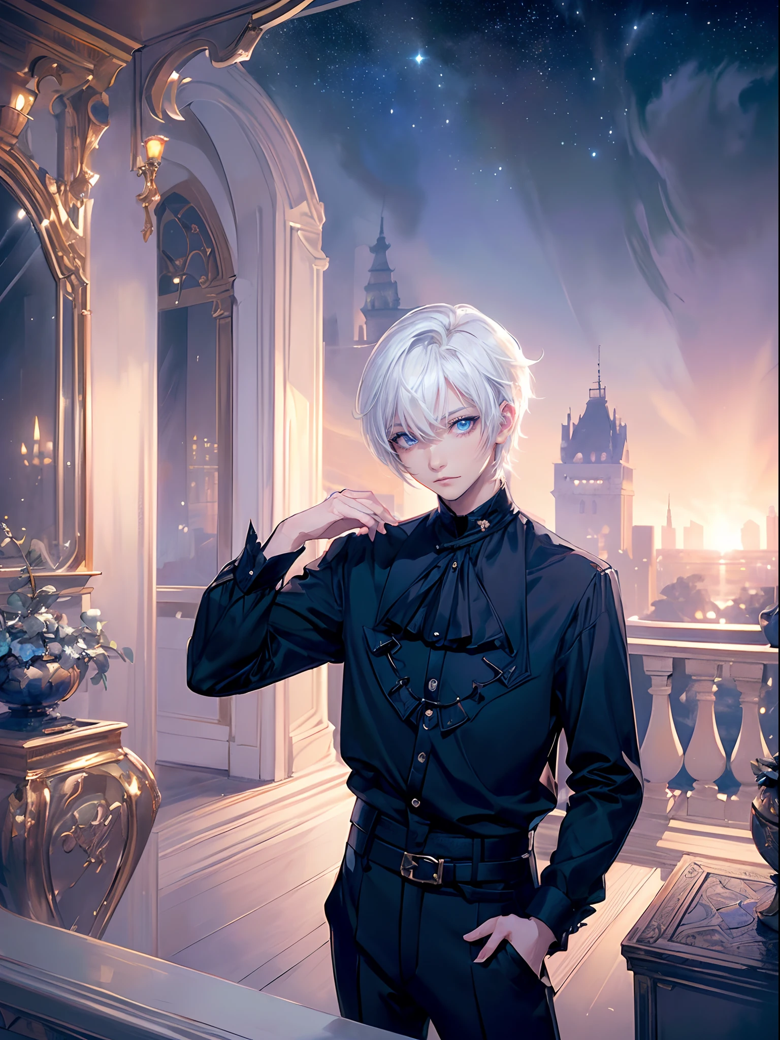 ((4K works))、​masterpiece、(top-quality)、One Beautiful Boy、Slim body、tall、((Black Y-shirt and white pants、Charming street style))、(Detailed beautiful eyes)、Stylish English black balcony、Castle inhabited by villains、Black shop window、Balcony at night、((Starry sky in the background))、((dark sky))、((Fashionable city scenery at midnight))、((Standing on a stylish balcony and shooting))、mid night、((Face similar to Carly Rae Jepsen))、((Short-haired white hair))、((Smaller face))、((Neutral face))、((Bright blue eyes))、((American adult male))、((Adult male 26 years old))、((Cool Men))、((Like a celebrity))、((Wild look))、((Korean Makeup))、((elongated and sharp eyes))、((Happy dating))、((boyish))、((Upper body photography))、Professional Photos、((Shot alone))、((shot from back))、((Shot so that the back of the head is visible))、((Shot in close proximity to him))、((Focus zoom in))、((He is watching the sunset))、((He standing on the balcony))