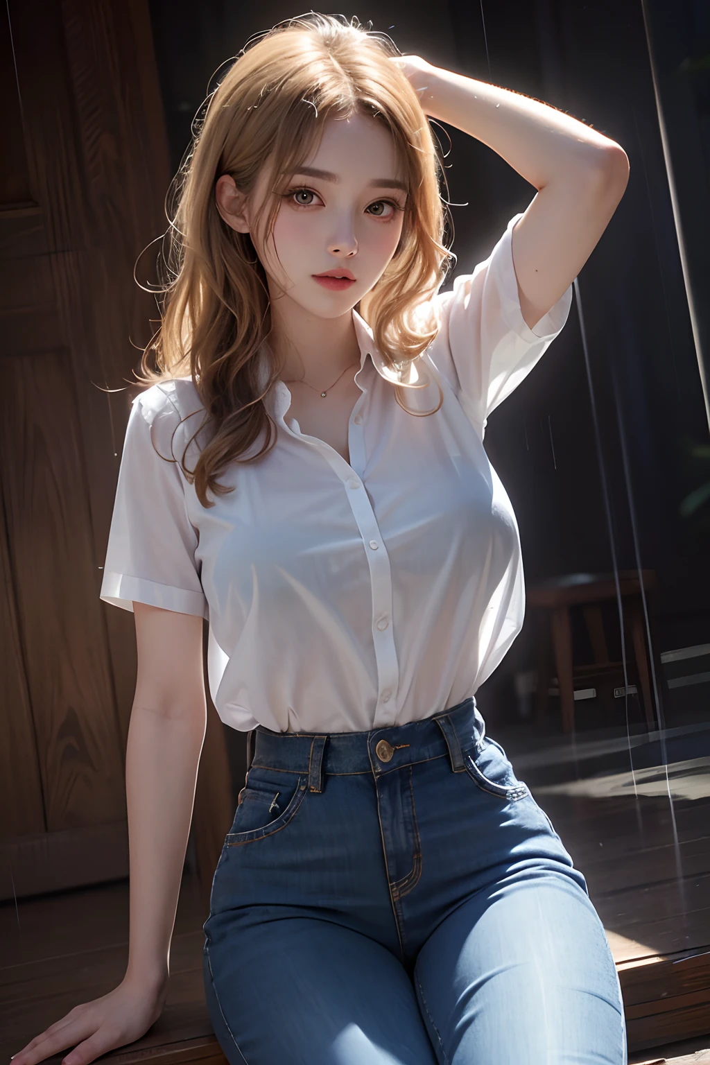 １Man girl、top-quality、超A high resolution、Raw photo、(Authentic skin  texture:1.3)、large full breasts、huge tit、Wavy blonde hair、a blond、Picture- perfect face、Professional artwork、((Perfect female body))、Beautiful  expression、beauitful face