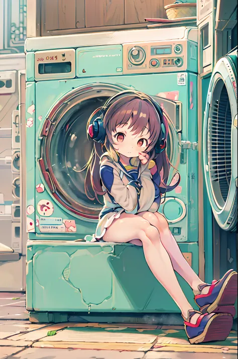Anime girl sitting on chair in front of washing machine, anime moe art style, Cute anime girl, Anime visuals of cute girls, Anim...
