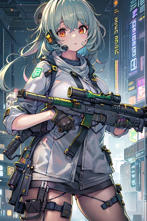 Anime girl with gun and futuristic costume, M4 Sopmod II Girls Frontline, anime machine gun fire, Mechanized soldier girl, railg...