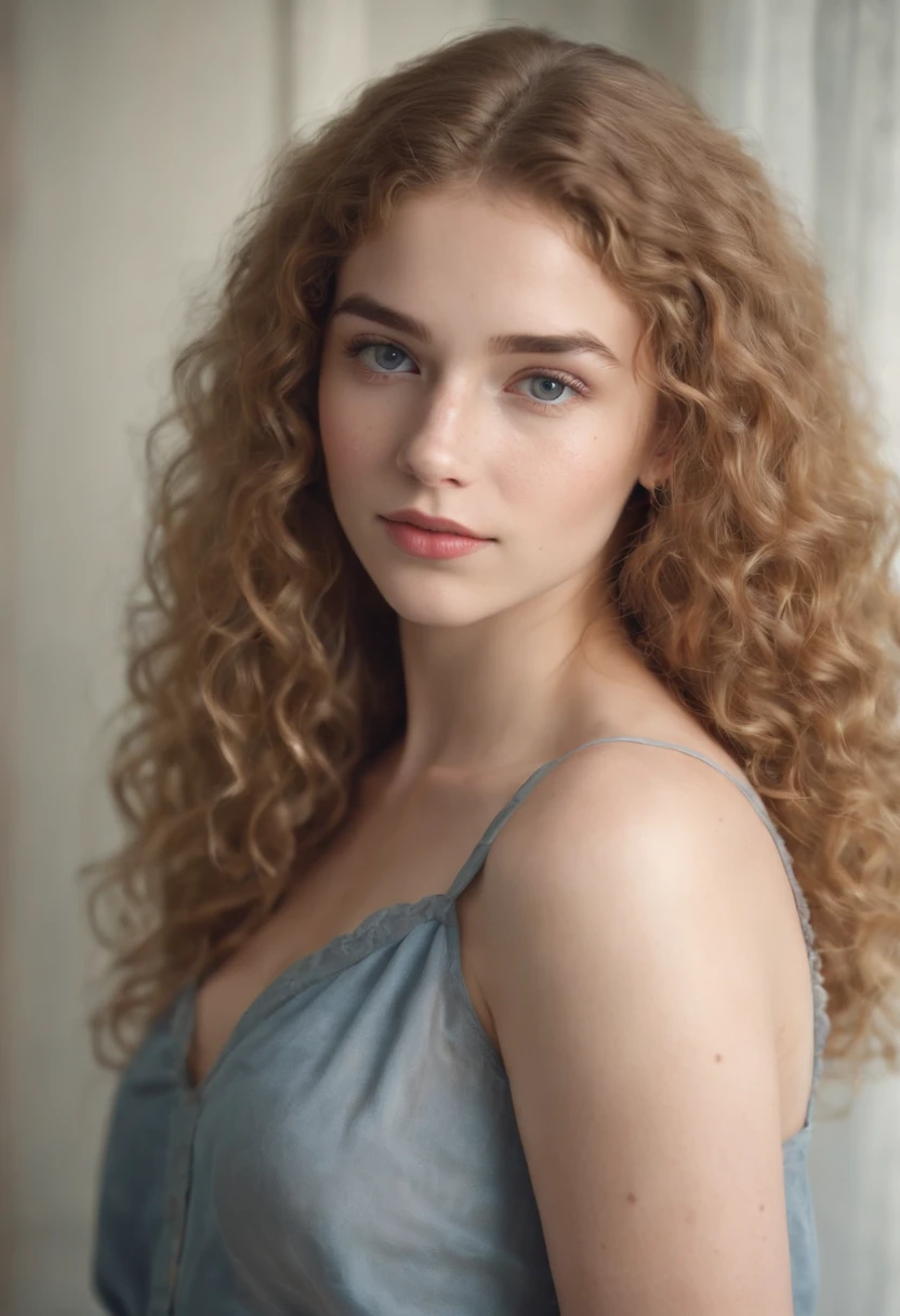 "Full body portrait of a charming 18 year old women with curly hay coloured hair, a late 80s look, small freckles,  figure, beautiful face, captivating dark blue eyes, and modest bust size, showcasing her natural beauty, posing in a bedroom ."