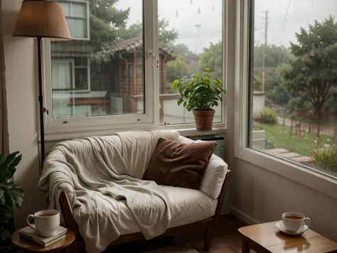 Cozy Reading Nook: A cozy corner with a book, a cup of tea, and a rain-soaked window in the background, creating a perfect setting for relaxation.