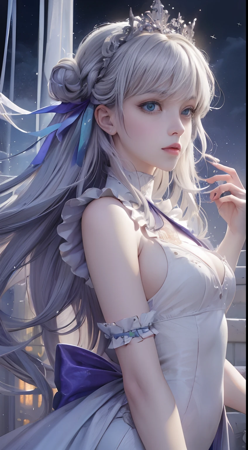 (Very detailed CG Unity 8K wallpaper, masutepiece, Best Quality), Best Illumination, Insanely beautiful, floating, Girl in white Wuxi suit, Blue eyes, Multicolor Hair (Silver: 1.3 + Red: 1.2 + Purple + yellow: 1.3 + Green: 1.3), Beautiful face, Too many drops of water, Clouds, Twilight, Wide Angle, watercolor paiting.