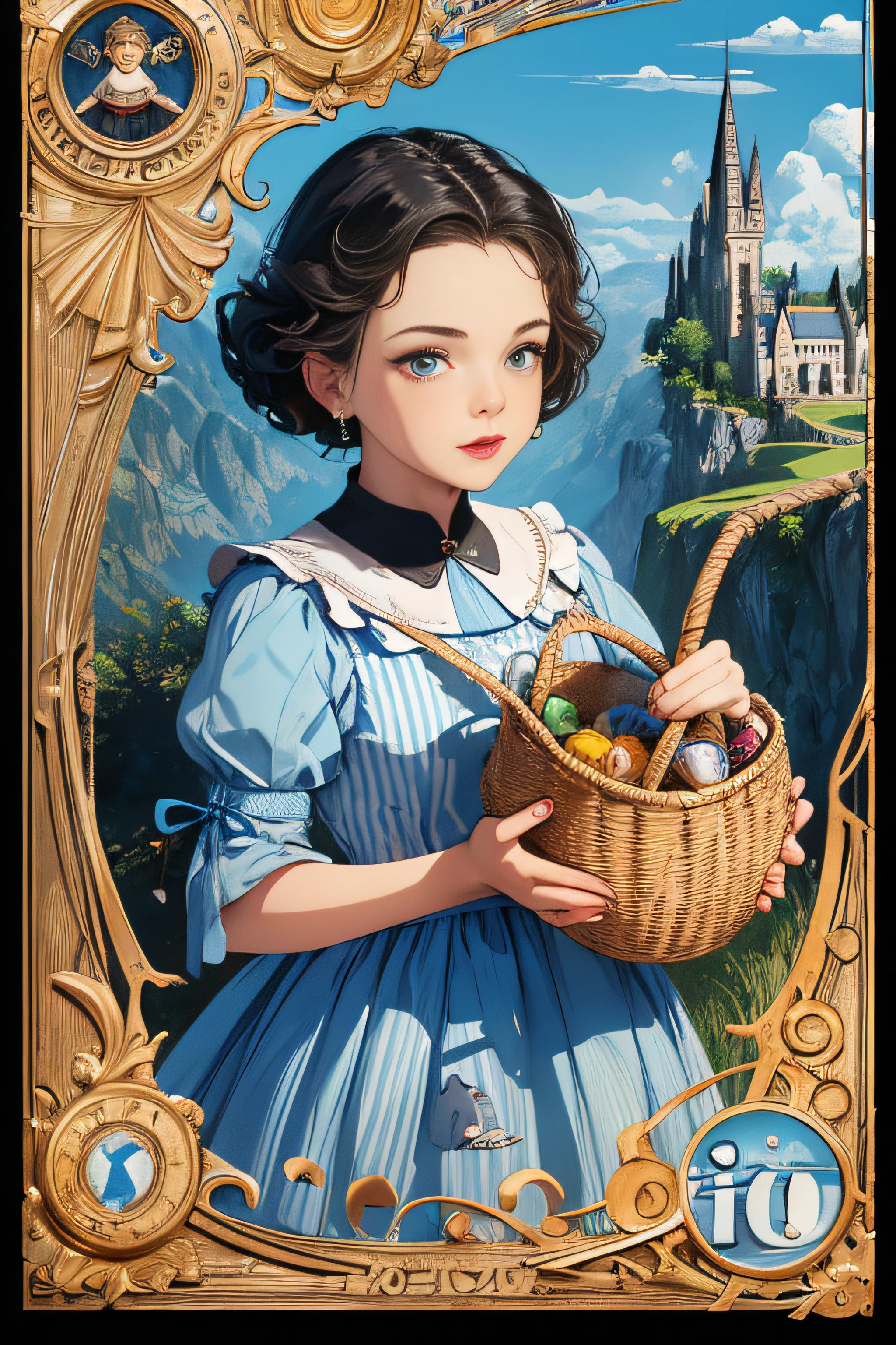 A painting of a woman holding a basket of eggs in front of a castle -  SeaArt AI