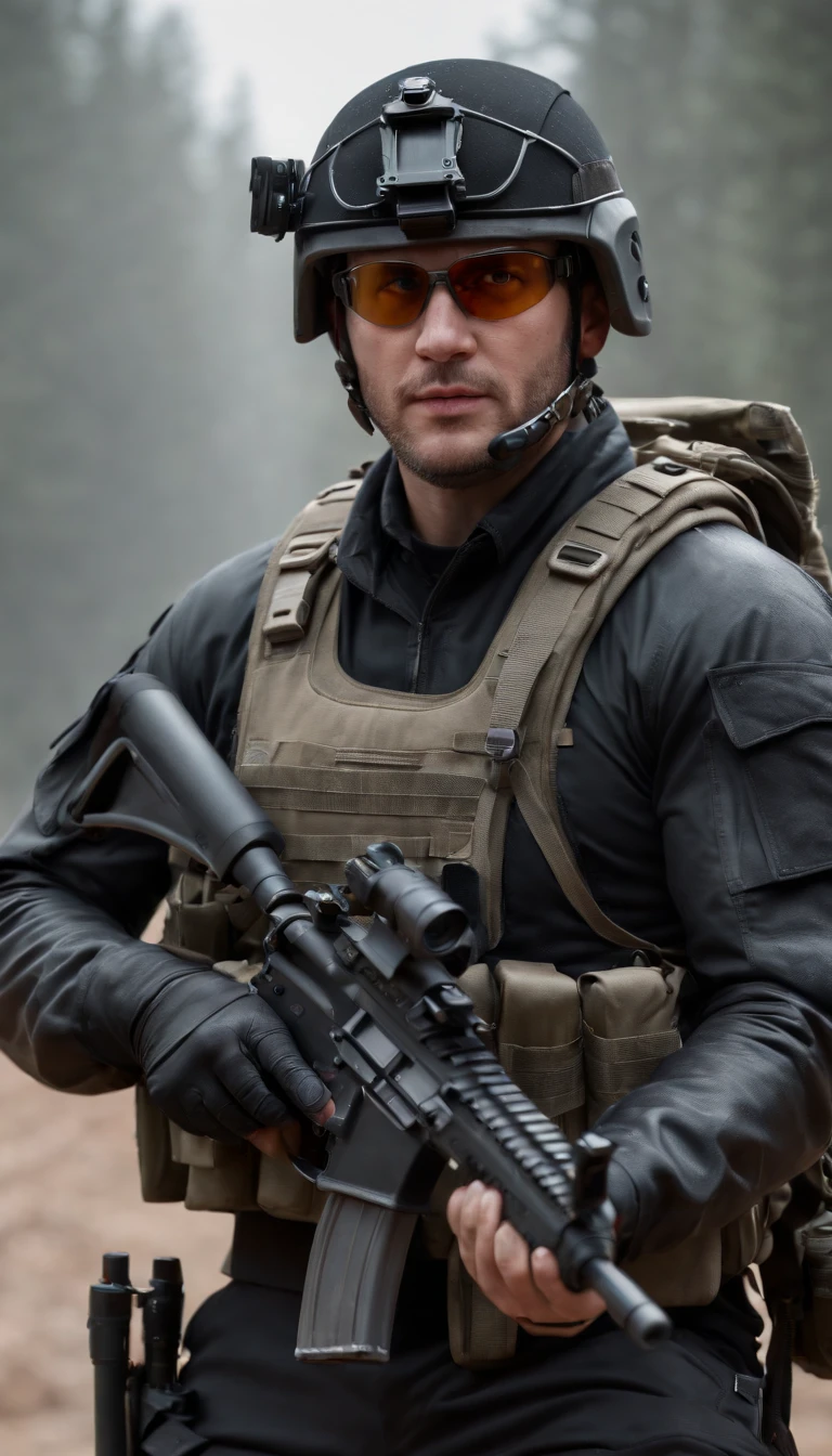 (best quality,4k,8k,highres,masterpiece:1.2),ultra-detailed,(realistic,photorealistic,photo-realistic:1.37), strong male, special forces, fully armed, carrying an M14 rifle with a red dot sight, wearing specialized bulletproof vest, black riot helmet, transparent military goggles, ultra-realistic, tactical gear