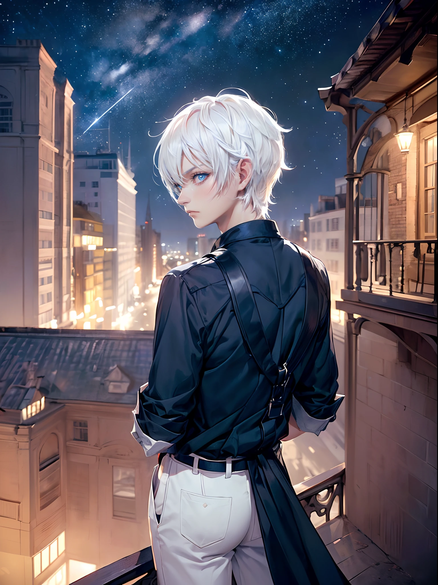 ((4K works))、​masterpiece、(top-quality)、One Beautiful Boy、Slim body、tall、((Black Y-shirt and white pants、Charming knight style))、(Detailed beautiful eyes)、Stylish English black balcony、Castle inhabited by villains、Balcony at night、((Starry sky in the background))、((dark sky))、((Fashionable city scenery at midnight))、((Standing on a stylish balcony and shooting))、mid night、((Face similar to Carly Rae Jepsen))、((Short-haired white hair))、((Smaller face))、((Neutral face))、((Bright blue eyes))、((American adult male))、((Adult male 26 years old))、((Cool Men))、((Like a celebrity))、((Angry look))、((Korean Makeup))、((elongated and sharp eyes))、((Happy dating))、((boyish))、((Upper body photography))、Professional Photos、((Shot alone))、((shot from back))、((Shot so that the back of the head is visible))、((Shot in close proximity to him))、((Focus zoom in))、((He is looking at the starry sky))、((He standing on the balcony))