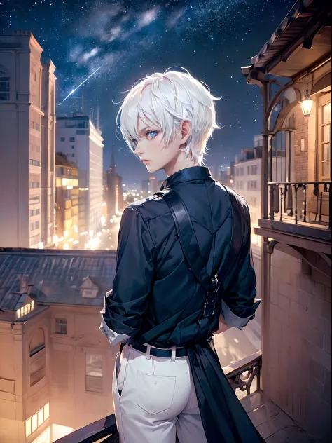 ((4K works))、​masterpiece、(top-quality)、One Beautiful Boy、Slim body、tall、((Black Y-shirt and white pants、Charming knight style))、(Detailed beautiful eyes)、Stylish English black balcony、Castle inhabited by villains、Balcony at night、((Starry sky in the backg...