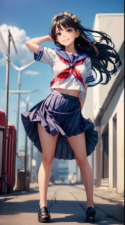 1womanl, ,((a sailor suit)),Beautiful breasts,,well-styled,,(Facing the front)(((a smile)),(((The skirt is rolled up by the wind...