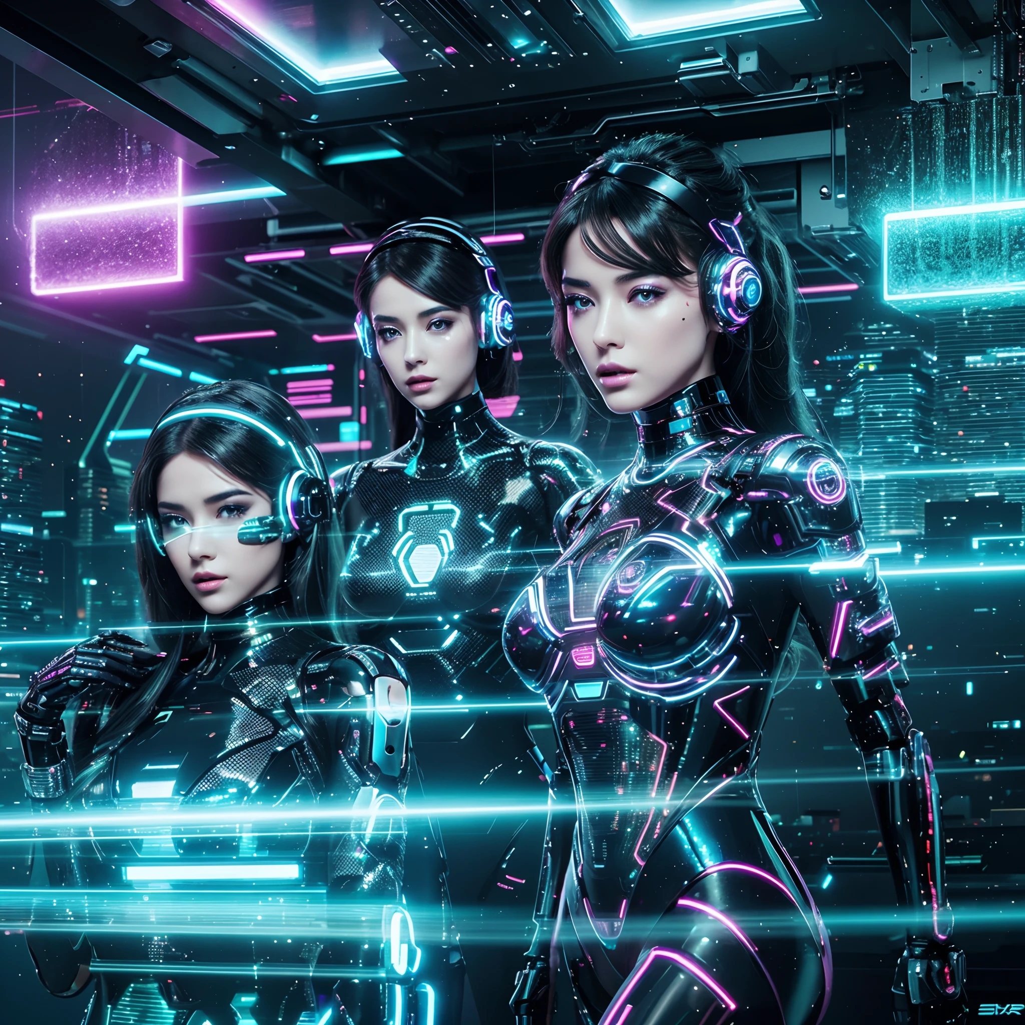 3 Sexy AI robot girls, Divas', wearing high-fashion glamour, with cybernetic body, neon-lit futuristic studio cityscape, striking dynamic poses that exude confidence. Incorporate circuitry patterns seamlessly into their elegant attire, and accentuate their faces with a subtle holographic glow, glitch effects, technology and glamour.