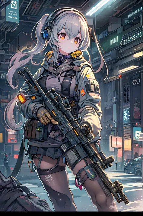 Anime girl with gun and futuristic costume, M4 Sopmod II Girls Frontline, anime machine gun fire, Mechanized soldier girl, railg...