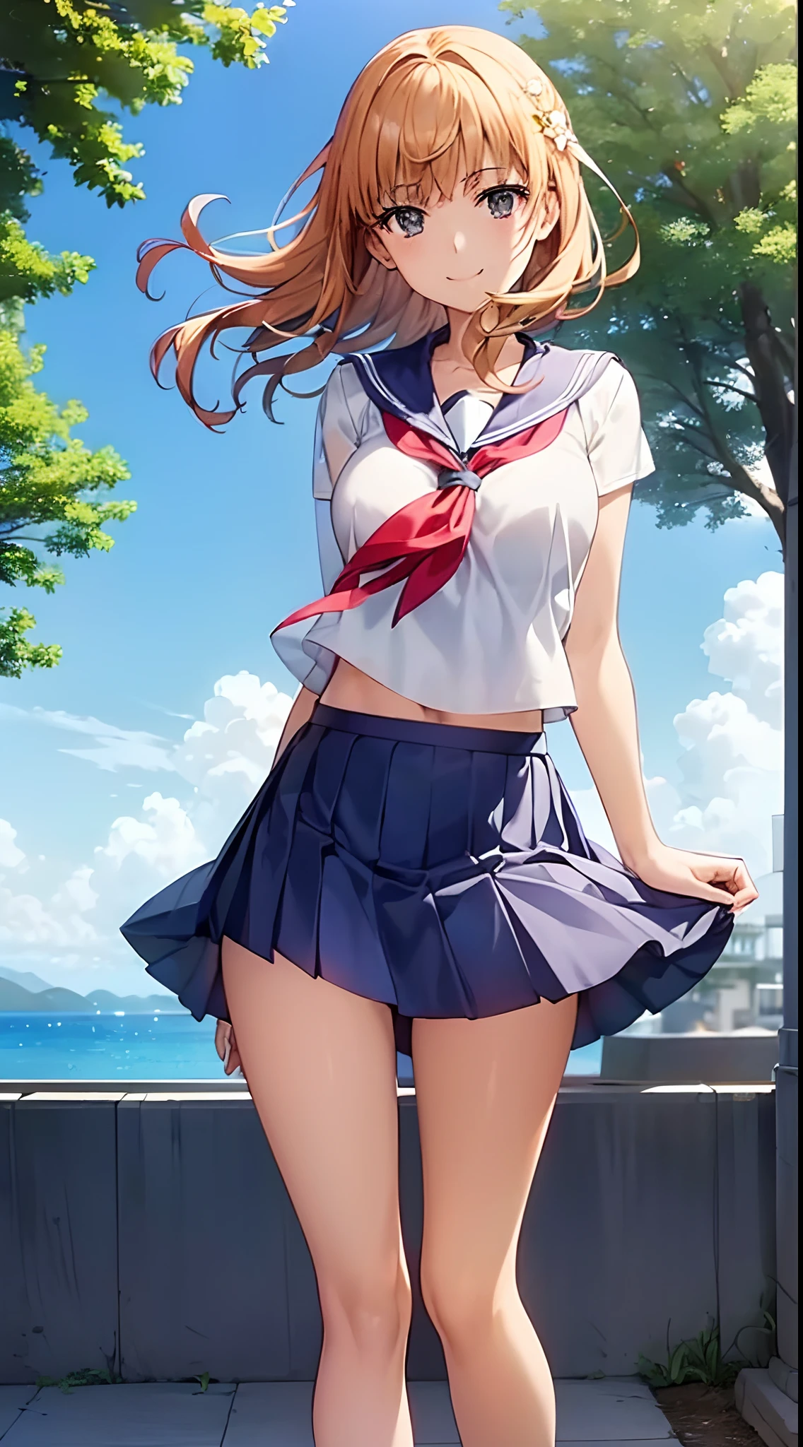 1womanl, ,((a sailor suit)),Beautiful breasts,,well-styled,,(Facing the front)(((A smile)),(((The skirt is rolled up by the wind))),Satin Narico,,