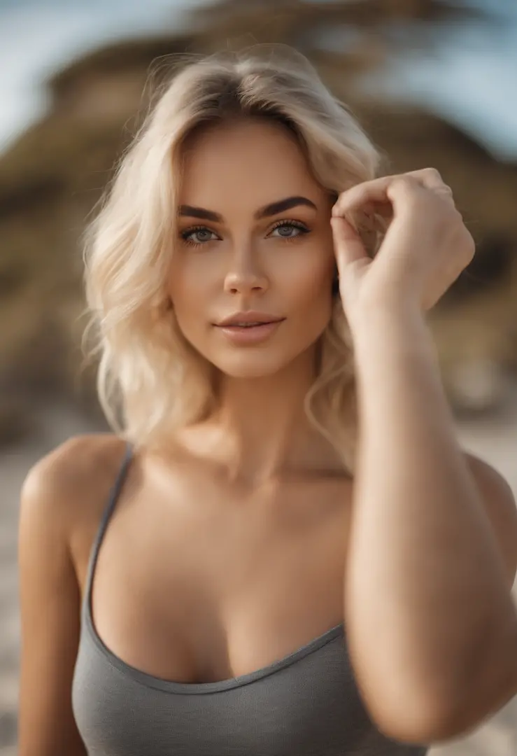 blonde woman with matching tank top and bikini bottom posing on a beach, fille sexy aux yeux bleus, Portrait Sophie Mudd, blur background, best quality, 1girl, Portrait de Corinna Kopf, cheveux blonds et grands yeux, selfie of a young woman, ohne Maquillag...