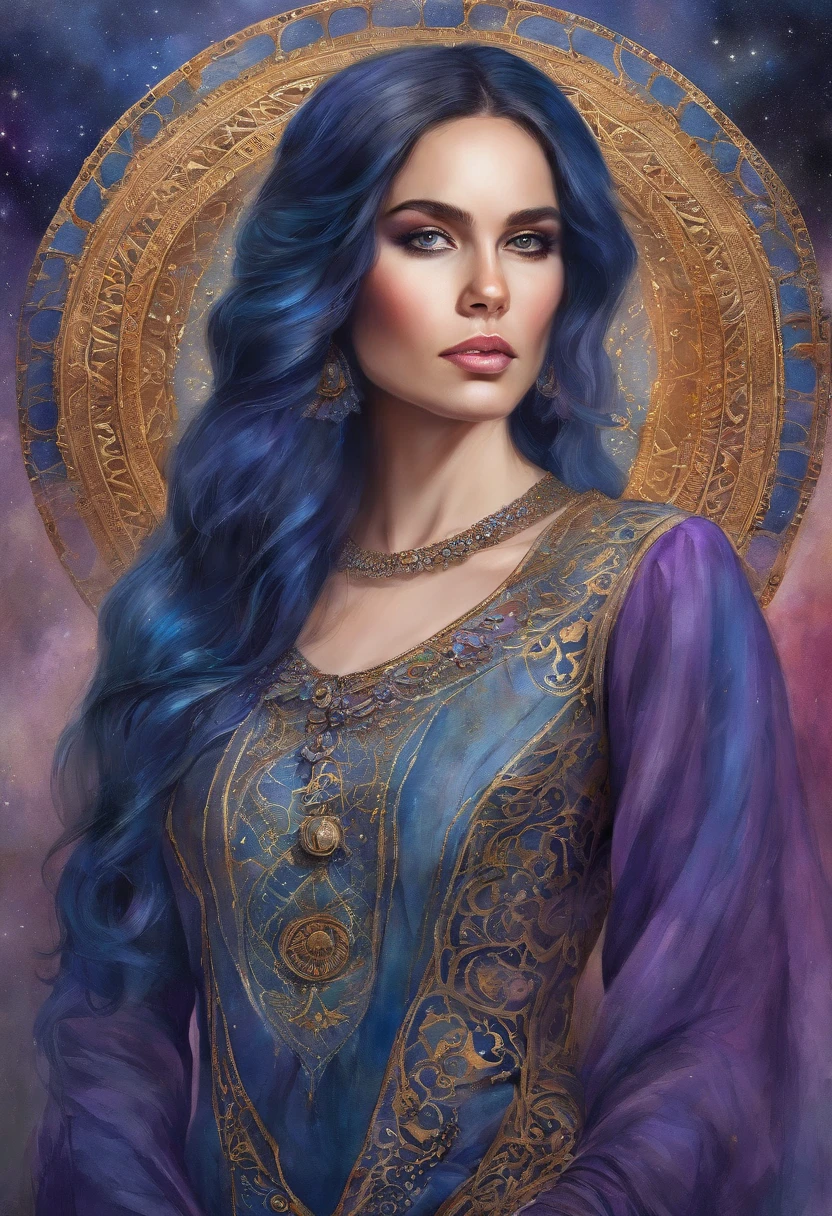 (Masterpiece, Top Quality, Best Quality, official arts, beautiful and aesthetic:1.2), Girl, Detailed Face, Long black hair, full - body, Blue shirt with high collar, purple corset, Long Blue Parody, celestial, cosmic, extremely beautiful, higly detailed, (Galaxy in the background), light effects, highest detail, particles floating, Ancient runes, Geometric patterns, V0id3nergy , dove, eye shadow, epic atmosphere