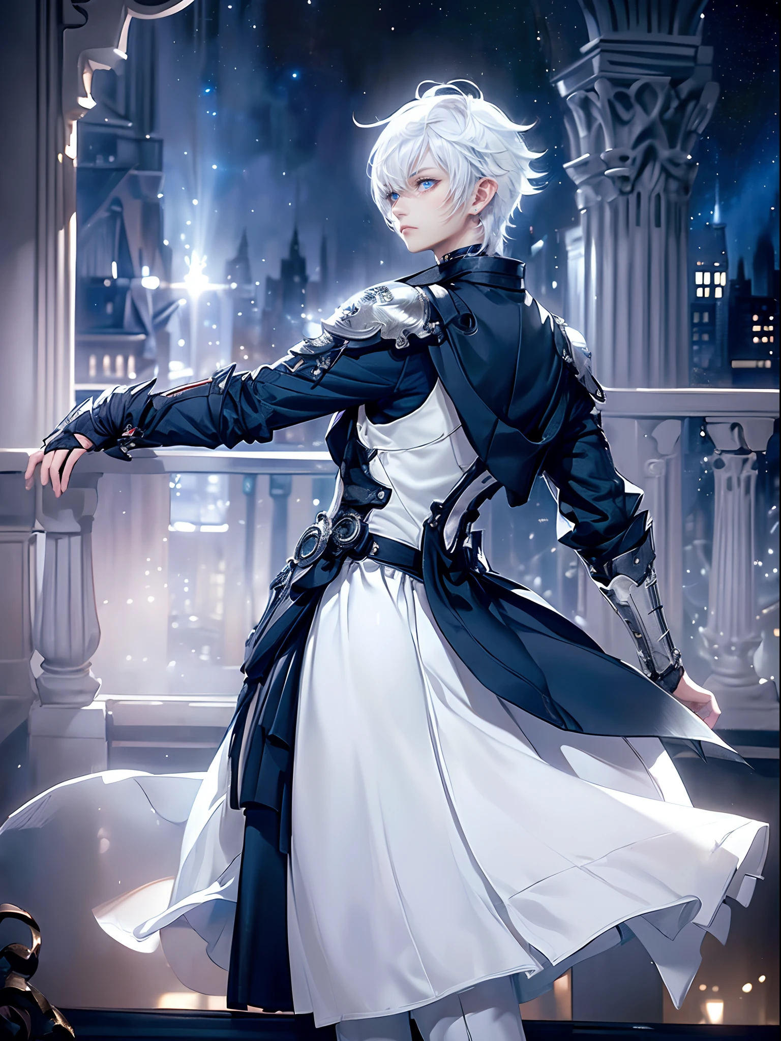 ((4K works))、​masterpiece、(top-quality)、One Beautiful Boy、Slim body、tall、((Black Y-shirt and white pants、Charming knight style))、(Detailed beautiful eyes)、Stylish English black balcony、Castle inhabited by villains、Balcony at night、((Starry sky in the background))、((dark sky))、((Fashionable city scenery at midnight))、((Standing on a stylish balcony and shooting))、mid night、((Face similar to Carly Rae Jepsen))、((Short-haired white hair))、((Smaller face))、((Neutral face))、((Bright blue eyes))、((American adult male))、((Adult male 26 years old))、((Cool Men))、((Like a celebrity))、((Angry look))、((Korean Makeup))、((elongated and sharp eyes))、((Happy dating))、((boyish))、((Upper body photography))、Professional Photos、((Shot alone))、((shot from back))、((Shot so that the back of the head is visible))、((Shot in close proximity to him))、((Focus zoom in))、((He is looking at the starry sky))、((He standing on the balcony))、horor、((Beautiful and cool photos))、Cool pose