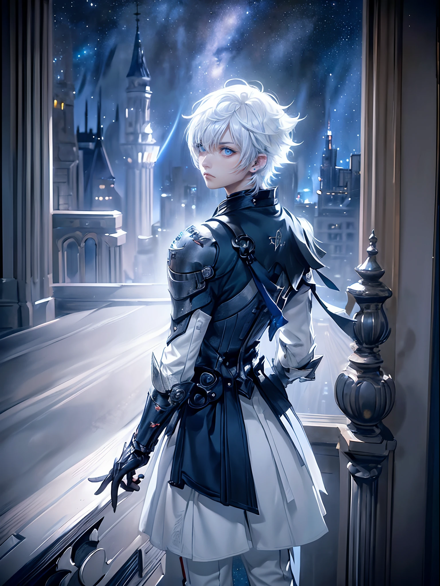 ((4K works))、​masterpiece、(top-quality)、One Beautiful Boy、Slim body、tall、((Black Y-shirt and white pants、Charming knight style))、(Detailed beautiful eyes)、Stylish English black balcony、Castle inhabited by villains、Balcony at night、((Starry sky in the background))、((dark sky))、((Fashionable city scenery at midnight))、((Standing on a stylish balcony and shooting))、mid night、((Face similar to Carly Rae Jepsen))、((Short-haired white hair))、((Smaller face))、((Neutral face))、((Bright blue eyes))、((American adult male))、((Adult male 26 years old))、((Cool Men))、((Like a celebrity))、((Angry look))、((Korean Makeup))、((elongated and sharp eyes))、((Happy dating))、((boyish))、((Upper body photography))、Professional Photos、((Shot alone))、((shot from back))、((Shot so that the back of the head is visible))、((Shot in close proximity to him))、((Focus zoom in))、((He is looking at the starry sky))、((He standing on the balcony))、horor、((Beautiful and cool photos))、Cool pose