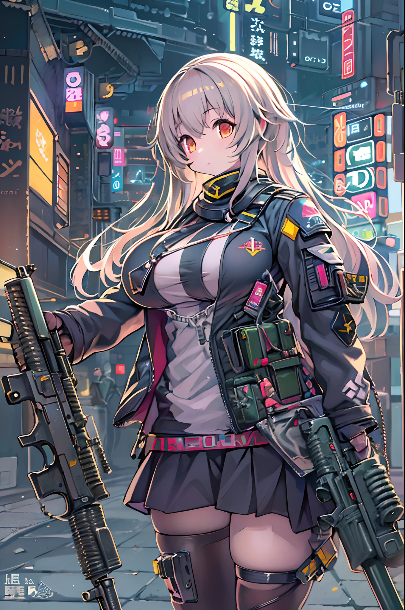 Anime girl with gun and futuristic costume, M4 Sopmod II Girls Frontline, anime machine gun fire, Mechanized soldier girl, railgun, best anime 4k konachan wallpaper, Fine details. girls' frontline, digital cyberpunk - anime art, girls frontline style, from girls frontline, Cyberpunk Anime Girl, cyberpunk anime art, nightcore, anime cyberpunk art、Chibi、bbw、huge-breasted、