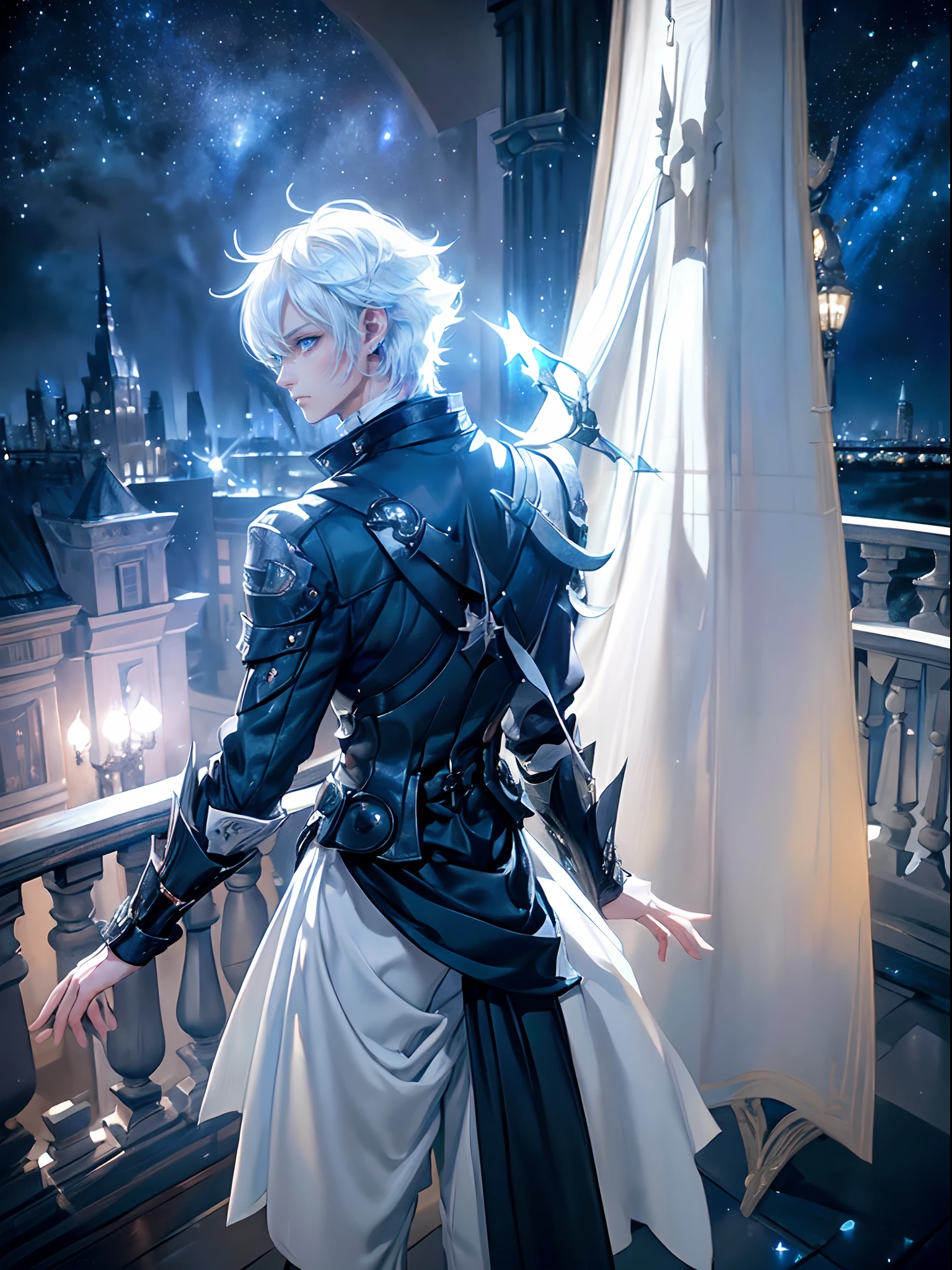 ((4K works))、​masterpiece、(top-quality)、One beautiful boy、Slim body、tall、((Black Y-shirt and white pants、Charming British knight style))、(Detailed beautiful eyes)、Stylish English Black Balcony、Castle inhabited by villains、Balcony at night、((Starry sky in the background))、((dark sky))、((Fashionable city scenery at midnight))、((Standing on a stylish balcony and shooting))、mid night、((Face similar to Carly Rae Jepsen))、((Short-haired white hair))、((Smaller face))、((Neutral face))、((Bright blue eyes))、((American adult male))、((Adult male 26 years old))、((Cool Men))、((Like a celebrity))、((Angry look))、((Korean Makeup))、((elongated and sharp eyes))、((Happy dating))、((boyish))、((Upper body photography))、Professional Photos、((Shot alone))、((shot from back))、((Shot so that the back of the head is visible))、((Focus zoom in))、((He is looking at the starry sky))、((He is standing on the balcony))、horor、((Beautiful and cool photos))、Cool pose