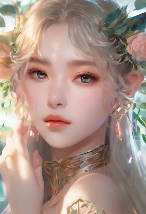 (8K, RAW photo, Photorealistic:1.25) ,( Gloss on lips, eyeslashes, gloss face, Glossy glossy skin, Best quality, 超高分辨率, Depth of field, color difference, Caustics, Broad lighting, naturalshadow,Kpop idol) looking at viewert，Eyes of desire，电影灯光，elvish ears
