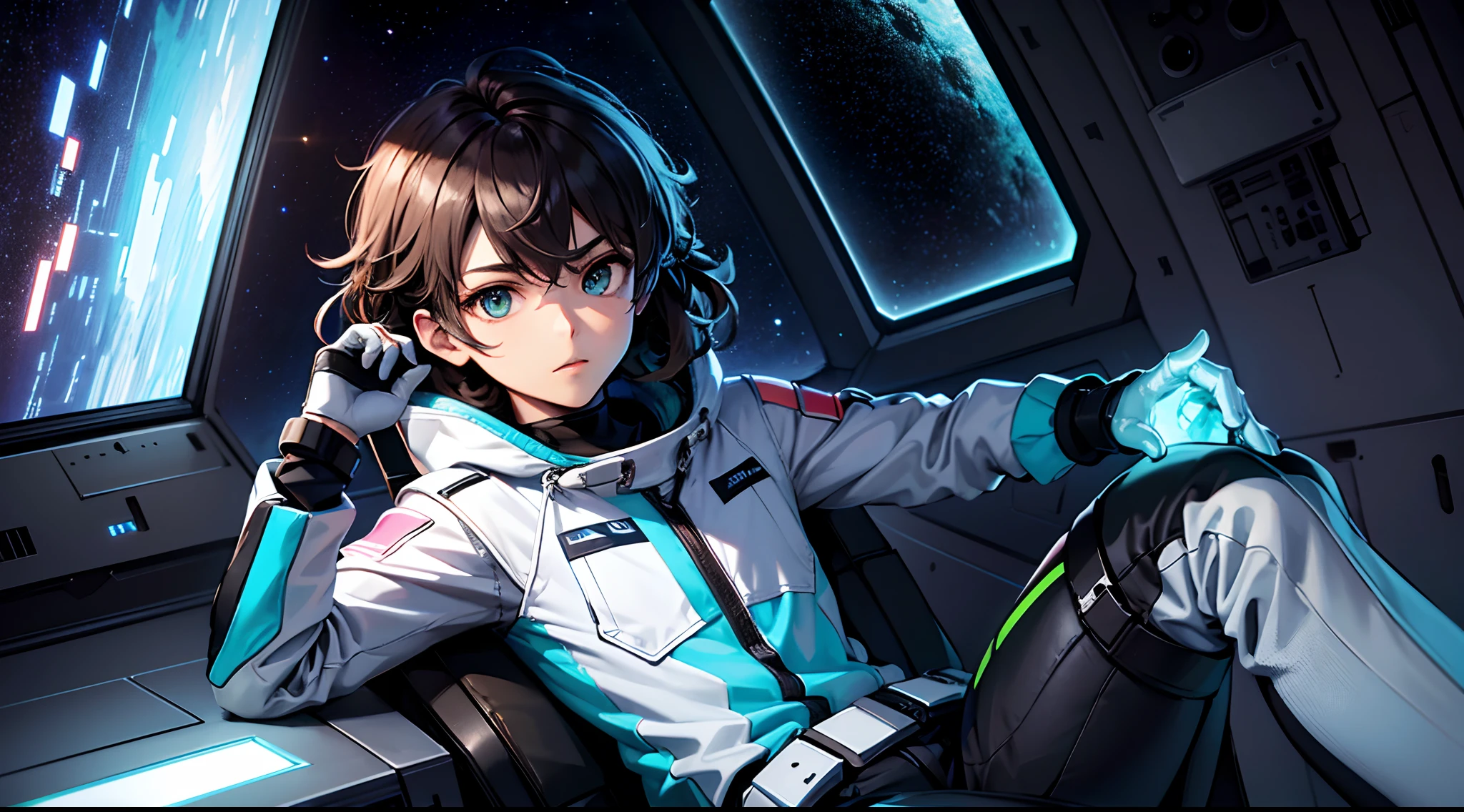 (absurdres, highres, ultra detailed) In the cockpit of a futuristic spacecraft, a young and adventurous boy sits with a focused posture. He's wearing a snug spacesuit. His long, curly hair falls slightly onto his shoulders. he has black brown eyes and nice pink skin tone. detailed face. Next to him, the control panel consists of luminous panels with holographic displays projecting real-time data and graphics. Blue and green lights create a technological atmosphere. His hands, slender and nimble, hover over the controls, while outside the window, the darkness of space stretches with distant stars. detailed background The boy exudes determination and a sense of adventure as he prepares to explore the unknown. The colours are pastel and all the things are with crisp detail.