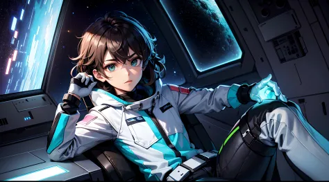 (absurdres, highres, ultra detailed) in the cockpit of a futuristic spacecraft, a young and adventurous boy sits with a focused ...