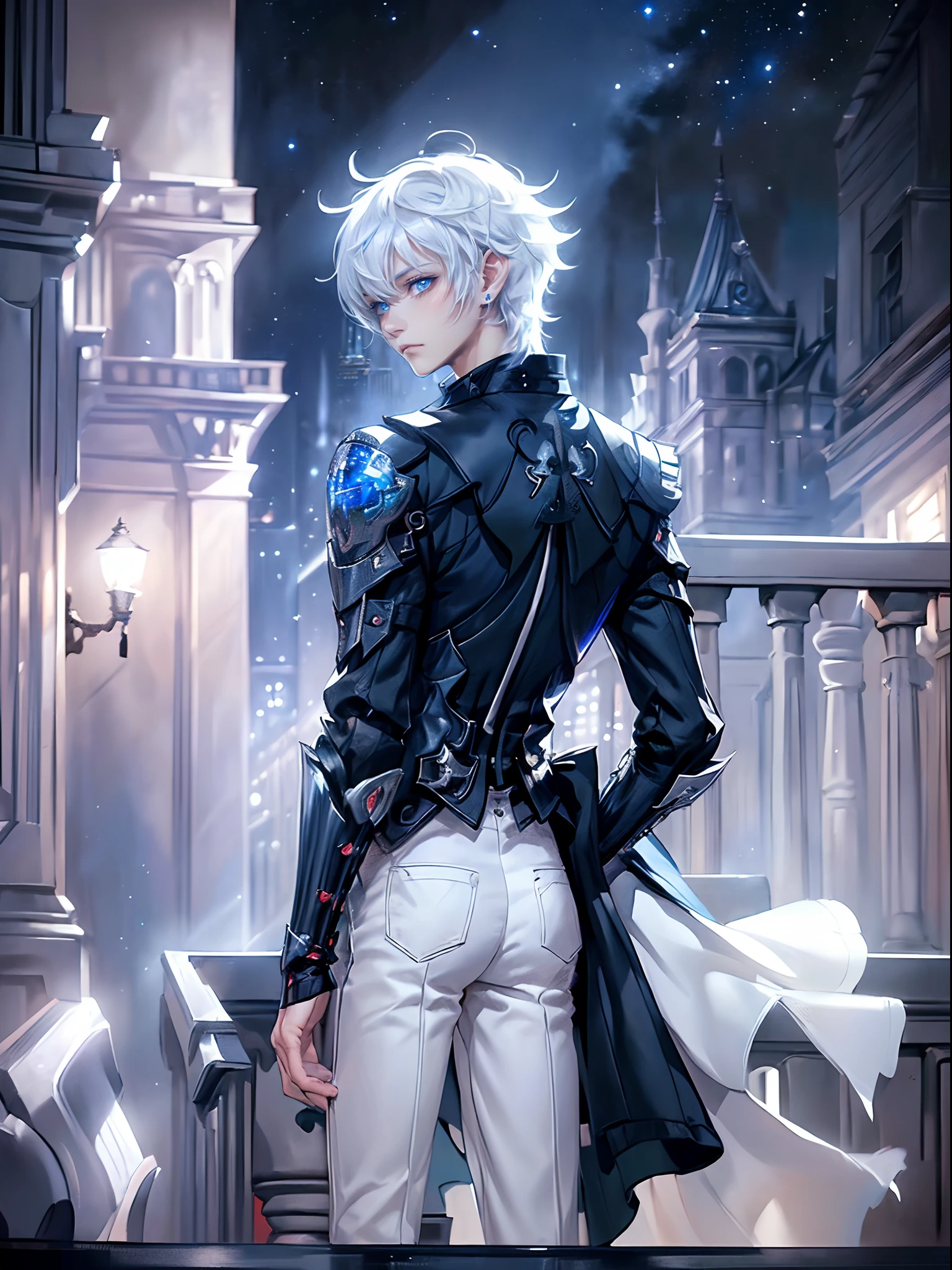 ((4K works))、​masterpiece、(top-quality)、One beautiful boy、Slim body、tall、((Black Y-shirt and white pants、Charming English knight style))、(Detailed beautiful eyes)、Fantastic English black balcony、Castle inhabited by villains、Villain Knight、Balcony at night、((Starry sky in the background))、((dark sky))、((Fashionable city scenery at midnight))、((Standing on a stylish balcony and shooting))、mid night、((Face similar to Carly Rae Jepsen))、((Short-haired white hair))、((Smaller face))、((Neutral face))、((Bright blue eyes))、((American adult male))、((Adult male 26 years old))、((Cool Men))、((Like a celebrity))、((Angry look))、((Korean Makeup))、((elongated and sharp eyes))、((Happy dating))、((boyish))、((Upper body photography))、Professional Photos、((Shot alone))、((shot from back))、((Shot so that the back of the head is visible))、((Focus zoom in))、((He is looking at the starry sky))、((He is standing on the balcony))、horor、((Beautiful and cool photos))、Cool pose