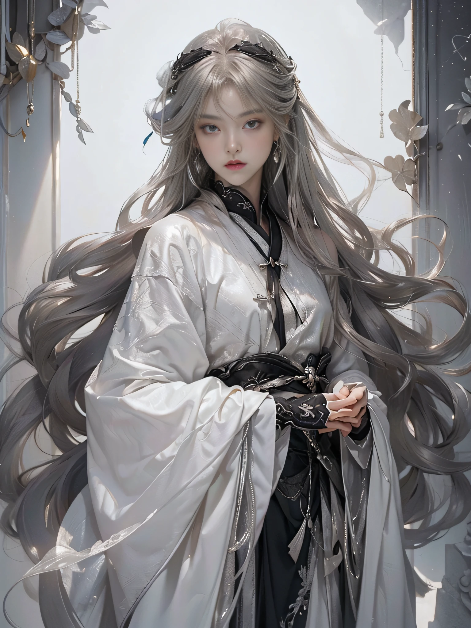 (extreamly delicate and beautiful:1.2), 8K, (tmasterpiece, best:1.0), , (LONG_silver_HAIR_MALE:1.5), Upper body body, a long_haired male, cool and seductive, evil_gaze, wears white hanfu, and intricate detailing, and intricate detailing, finely eye and detailed face, Perfect eyes, Equal eyes, Fantastic lights and shadows、white room background、 Uses backlight and rim light