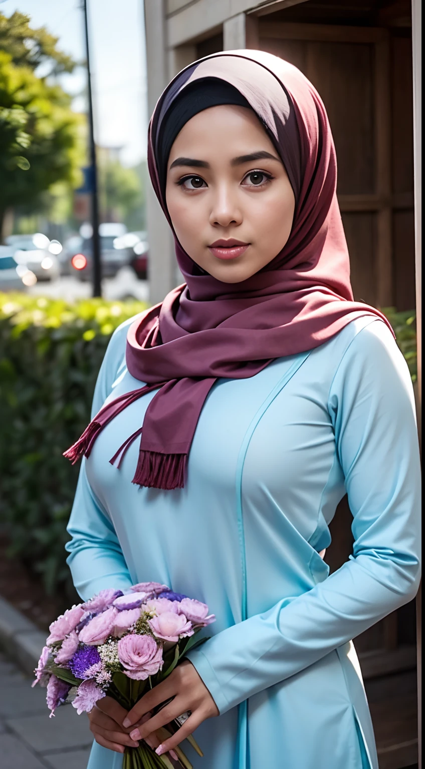 1 malay girl , modern plain hijab, shy, medium portrait shot , watery ...