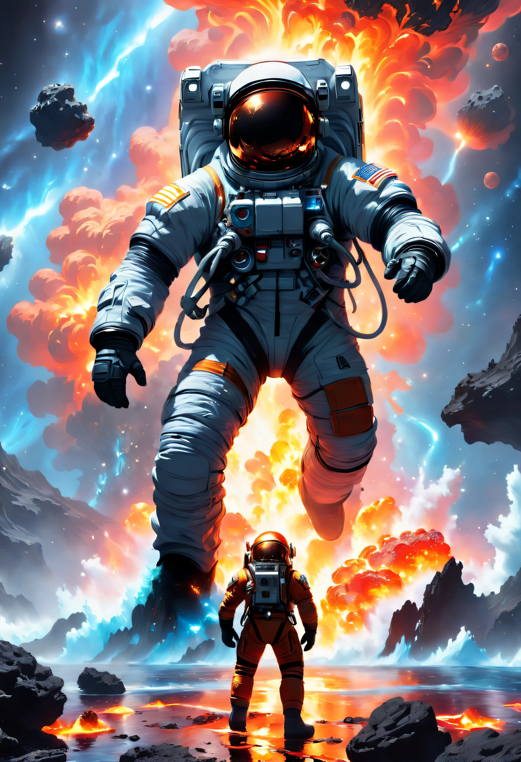 A beautifully detailed depiction of an astronaut bravely standing among contrasting elements，On the left is hot lava，On the right is sparkling water，cosmic starry sky，meteorite，Astronauts are trying to climb asteroids，The work is fascinating，with dynamism，Capture the awe-inspiring beauty and dangers of outer space exploration。