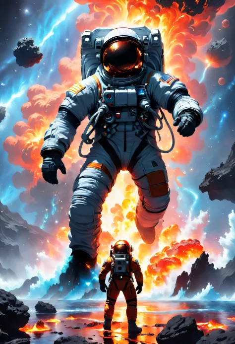 A beautifully detailed depiction of an astronaut bravely standing among contrasting elements，On the left is hot lava，On the righ...