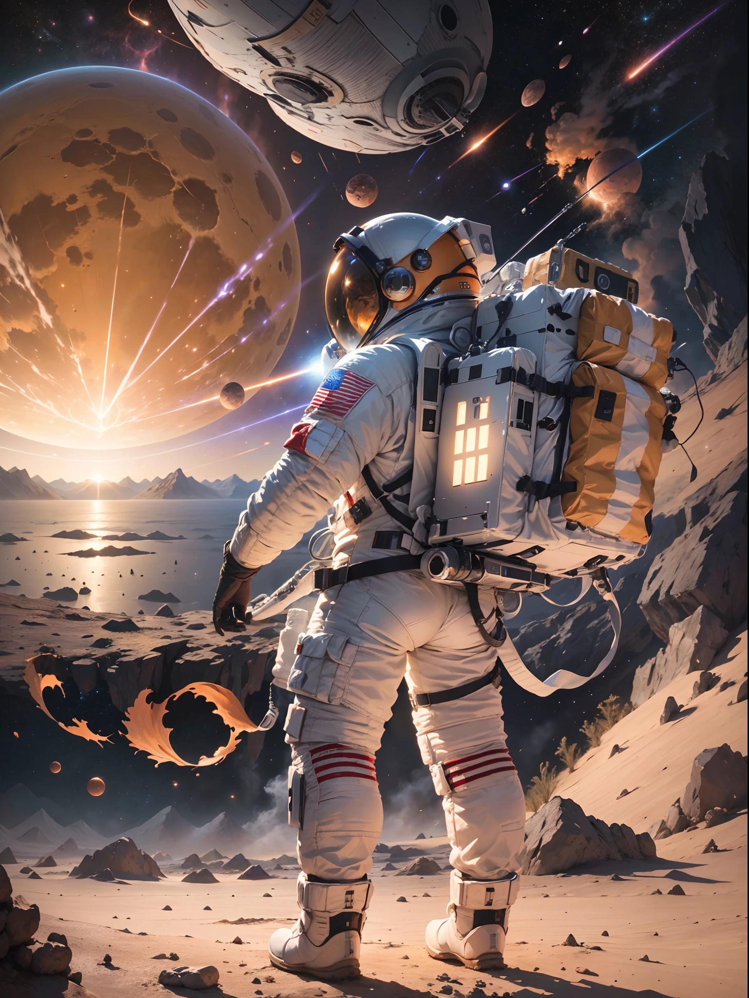 ((tmasterpiece)), (best qualityer)), 8K, high detal, hyper-detailing, The painting depicts a breathtaking scene of magnificent spatial imagery. The picture shows Luke Skywalker wearing a spacesuit, rear facing, Looking at a bright red planet in space. The scene is highly-detailed，Clarity is extraordinary, Capture every intricate detail of the panorama，spacesuit