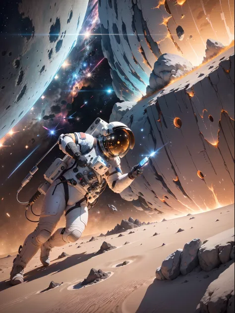 Contrasting elements，A beautifully detailed depiction of an astronaut struggling to climb an asteroid，On the left is hot lava，On...