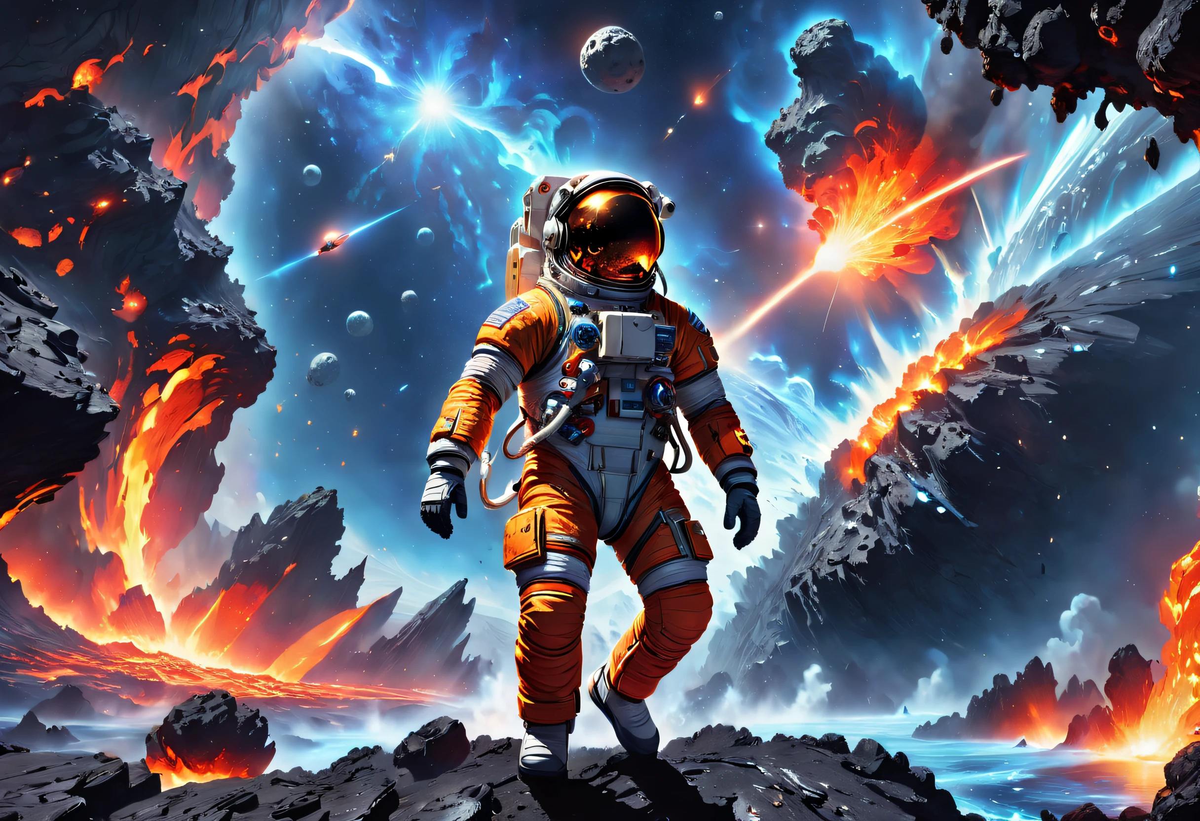 Contrasting elements，A beautifully detailed depiction of an astronaut struggling to climb an asteroid，On the left is hot lava，On the right is sparkling water，cosmic starry sky，Meteorites fly over the background，The work is fascinating，with dynamism，Capture the awe-inspiring beauty and dangers of outer space exploration。