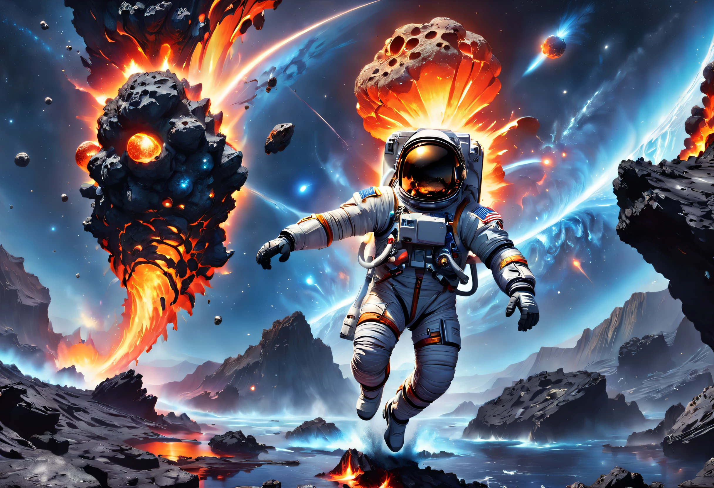 Contrasting elements，A beautifully detailed depiction of an astronaut struggling to climb an asteroid，On the left is hot lava，On the right is sparkling water，cosmic starry sky，Meteorites fly over the background，The work is fascinating，with dynamism，Capture the awe-inspiring beauty and dangers of outer space exploration。