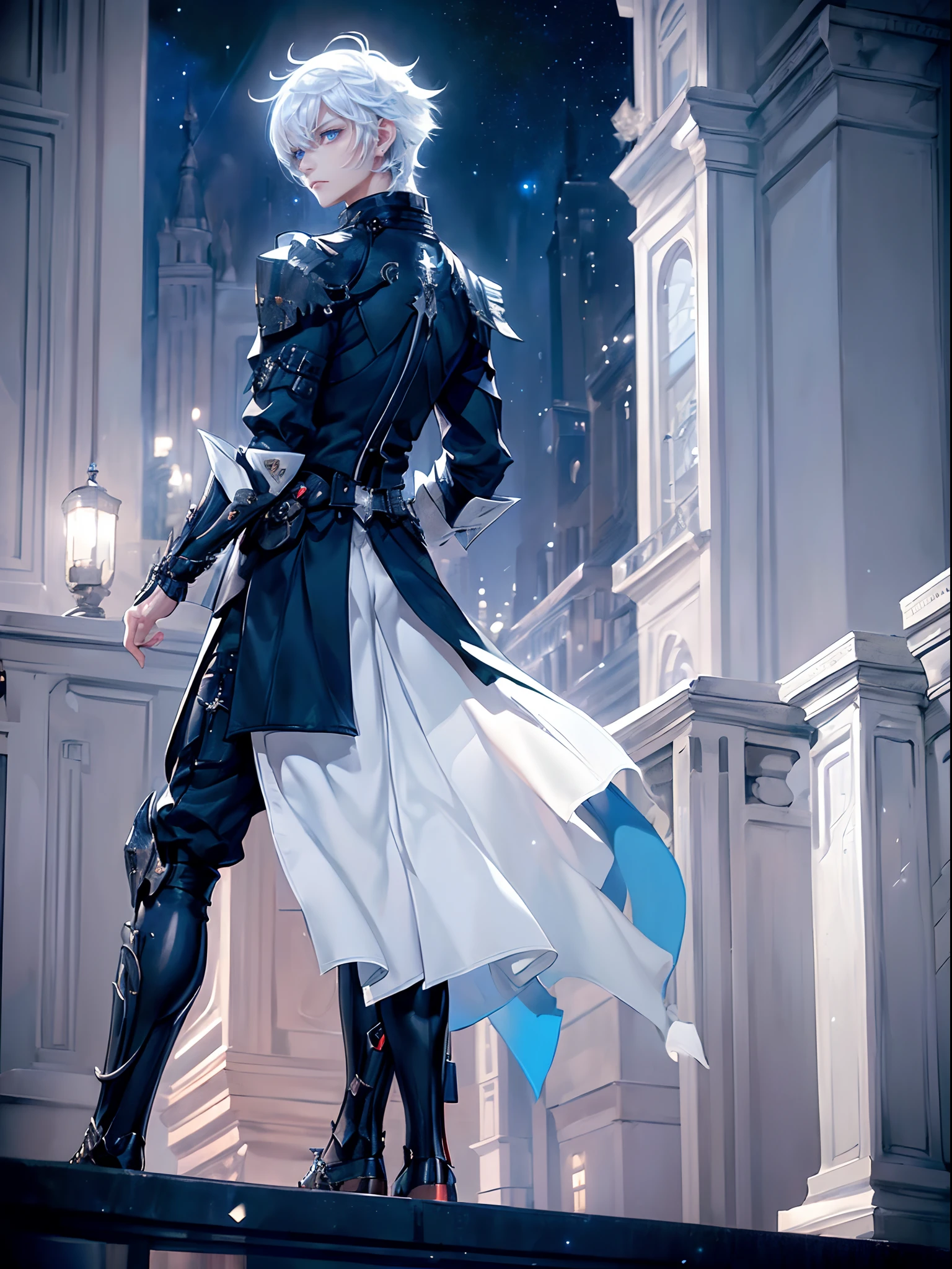 ((4K works))、​masterpiece、(top-quality)、One beautiful boy、Slim body、tall、((Black Y-shirt and white pants、Charming English knight style))、(Detailed beautiful eyes)、Fantastic English black balcony、Castle inhabited by villains、Villain Knight、Balcony at night、((Starry sky in the background))、((dark sky))、((Fashionable city scenery at midnight))、((Standing on a stylish balcony and shooting))、mid night、((Face similar to Carly Rae Jepsen))、((Short-haired white hair))、((Smaller face))、((Neutral face))、((Bright blue eyes))、((American adult male))、((Adult male 26 years old))、((Cool Men))、((Like a celebrity))、((Angry look))、((Korean Makeup))、((elongated and sharp eyes))、((Happy dating))、((boyish))、Professional Photos、(((Shot alone)))、((shot from back))、((Shot so that the back of the head is visible))、((Focus zoom in))、((He is looking at the starry sky))、((He is standing on the balcony))、horor、((Beautiful and cool photos))、Cool pose