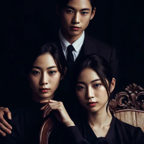 There are two Asian people posing together for a photo, japanese gothic, por Eizan Kikukawa, por Tadashi Nakayama, Retrato de al...