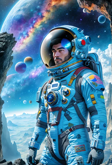 (Best quality,4K,8K,A high resolution,Masterpiece:1.2),Ultra-detailed,(Realistic,Photorealistic,photo-realistic:1.37),Exotic dreamy landscape, (Distant planetary sky, A man wearing a blue spacesuit made of cutting-edge technology of the future, Close-up of...