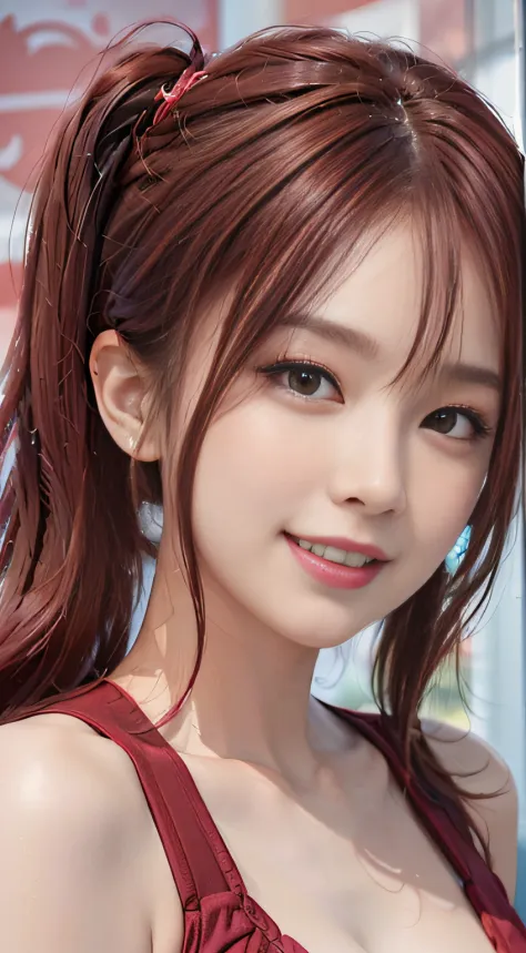 (Best Quality,Ultra-detailed,Realistic:1.37),(Illustration:1.2),Vivid colors,Portrait,Female Character,lively expression,Detailed eyes and lips,Side Ponytail,red tinted hair,Dark red hair color,playful grin,cheeky grin,Bright background,mischievous look,