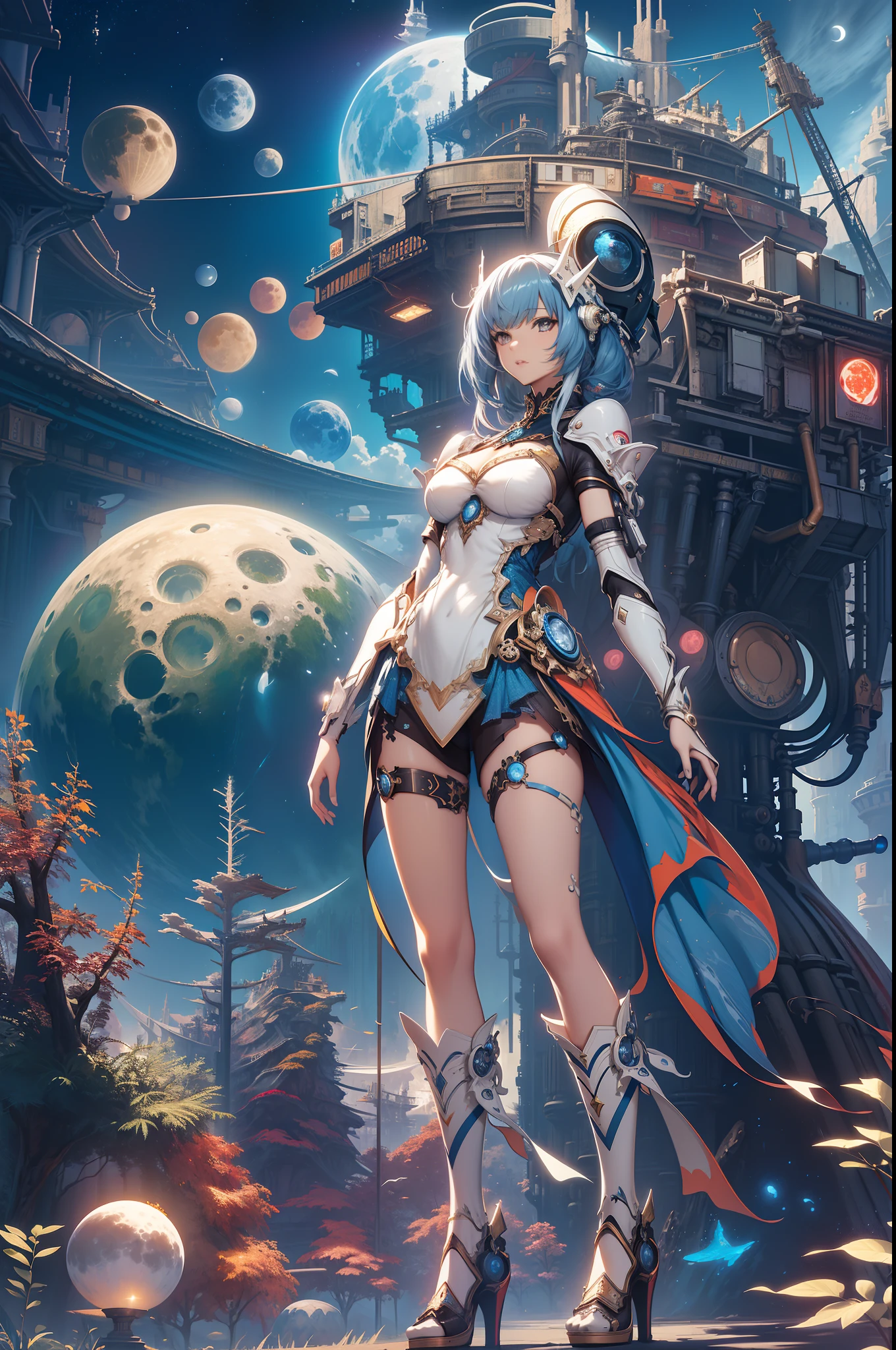 Moon and space　Fantasy futuristic × robots　Fantasia　(​masterpiece、top-quality、top-quality、Official art、Beautifully Aesthetic:1.2)、(1girl in)、ighly detailed、(Fractal Art:1.3)、colourfull、highestdetailed