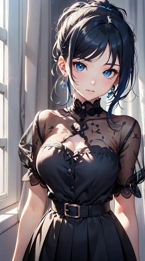 top-quality、Top image quality、​masterpiece、girl with((cute little、18year old、Best Bust、Medium bust、Bust 85,Beautiful blue eyes、Breasts wide open,Ponytail with black hair、A slender、Blue hair mesh、Beautiful black pitchley t-shirt、Beautiful black short skirt,...