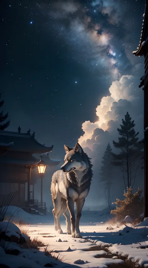 Strong wolf，中景 the scene is，（Full body appearance），Admire the night sky，standing on your feet，Roared，Rush into the night sky，Del...