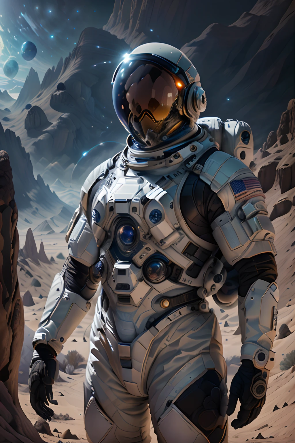 The picture shows a man in a spacesuit exploring a mysterious alien civilization planet, There are mysterious alien creatures everywhere,In the distance are breathtaking images of space,The scene is highly-detailed,Clarity is extraordinary,Every intricate detail of the panorama is captured,((tmasterpiece)),((best qualtiy)),8K,high detal,((Masterpiece)), (Best quality))，