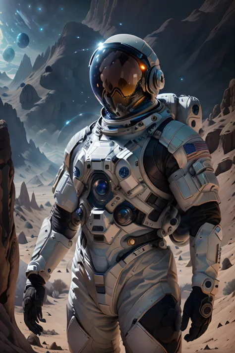 The picture shows a man in a spacesuit exploring a mysterious alien civilization planet, There are mysterious alien creatures ev...
