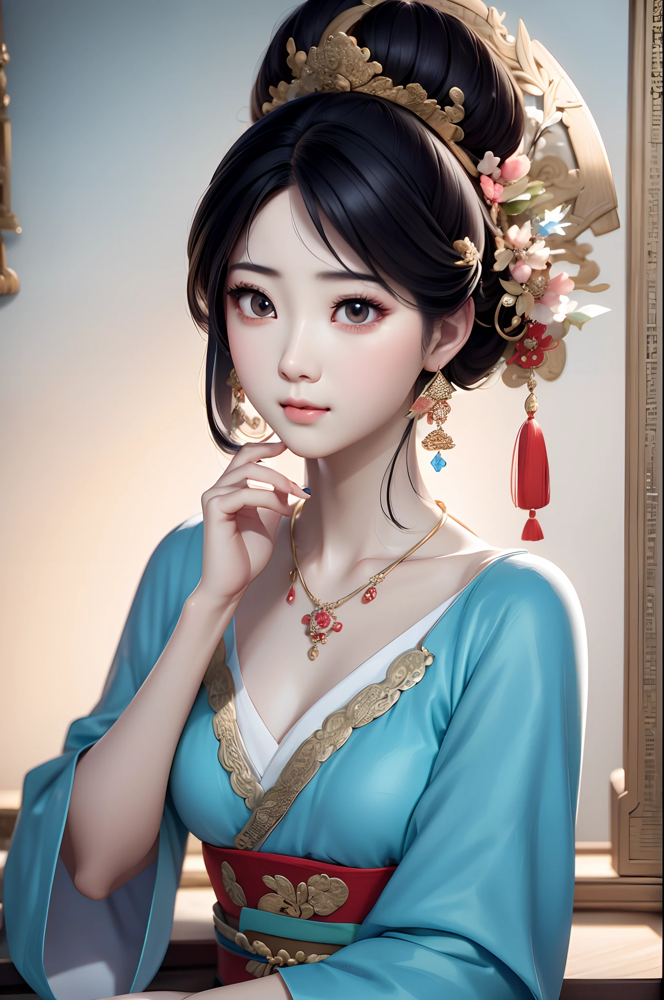 Close-up of a woman wearing a light blue slip dress necklace, Chinese style, Chinese girl, Beautiful character painting, Guviz-style artwork, Palace ， A girl in Hanfu, Beautiful rendering of the Tang Dynasty, Realistic anime 3 D style, trending on cgstation, 8K high quality detailed art, Princesa chinesa antiga, Chinese woman, Guviz