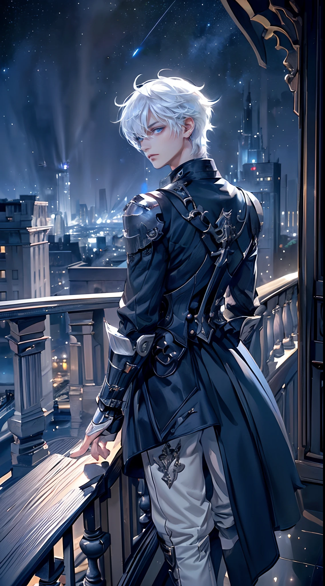 ((4K works))、​masterpiece、(top-quality)、One beautiful boy、Slim body、tall、((Black Y-shirt and white pants、Charming English knight style))、(Detailed beautiful eyes)、Fantastic English black balcony、Castle inhabited by villains、Villain Knight、Balcony at night、((Starry sky in the background))、((dark sky))、((Fashionable city scenery at midnight))、((Standing on a stylish balcony and shooting))、mid night、((Face similar to Carly Rae Jepsen))、((Short-haired white hair))、((Smaller face))、((Neutral face))、((Bright blue eyes))、((American adult male))、((Adult male 26 years old))、((Cool Men))、((Like a celebrity))、((Angry look))、((Korean Makeup))、((elongated and sharp eyes))、((Happy dating))、((boyish))、Professional Photos、(((Shot alone)))、((shot from back))、((Shot so that the back of the head is visible))、((Focus zoom in))、((He is looking at the starry sky))、((He is standing on the balcony))、horor、((Beautiful and cool photos))、Cool pose