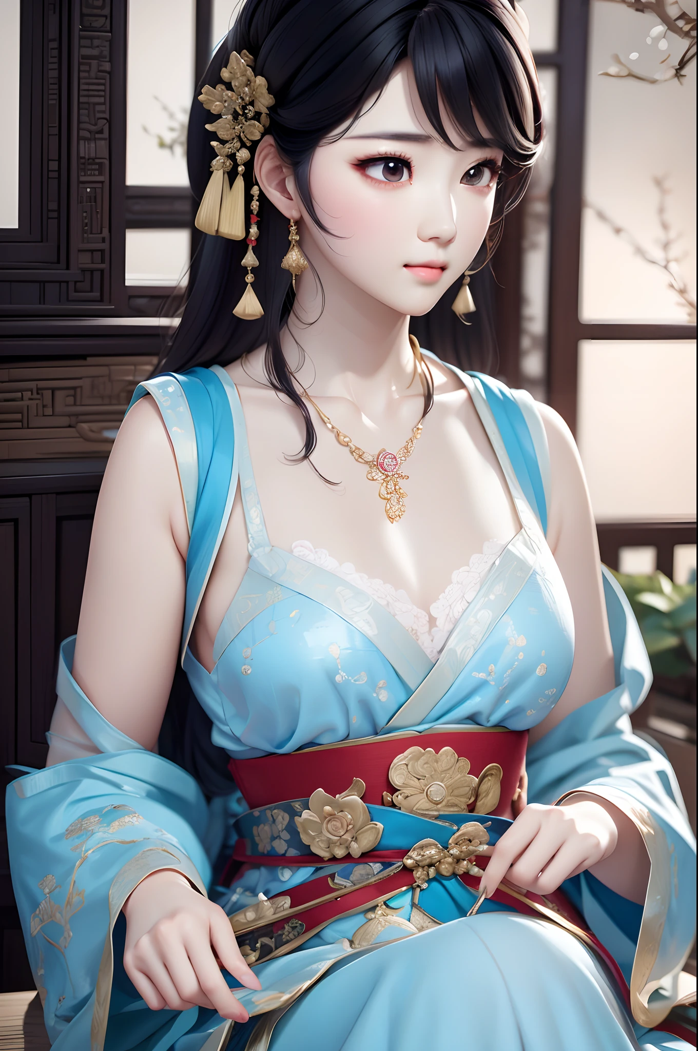 Close-up of a woman wearing a light blue slip dress necklace, Chinese style, Chinese girl, Beautiful character painting, Guviz-style artwork, Palace ， A girl in Hanfu, Beautiful rendering of the Tang Dynasty, Realistic anime 3 D style, trending on cgstation, 8K high quality detailed art, Princesa chinesa antiga, Chinese woman, Guviz