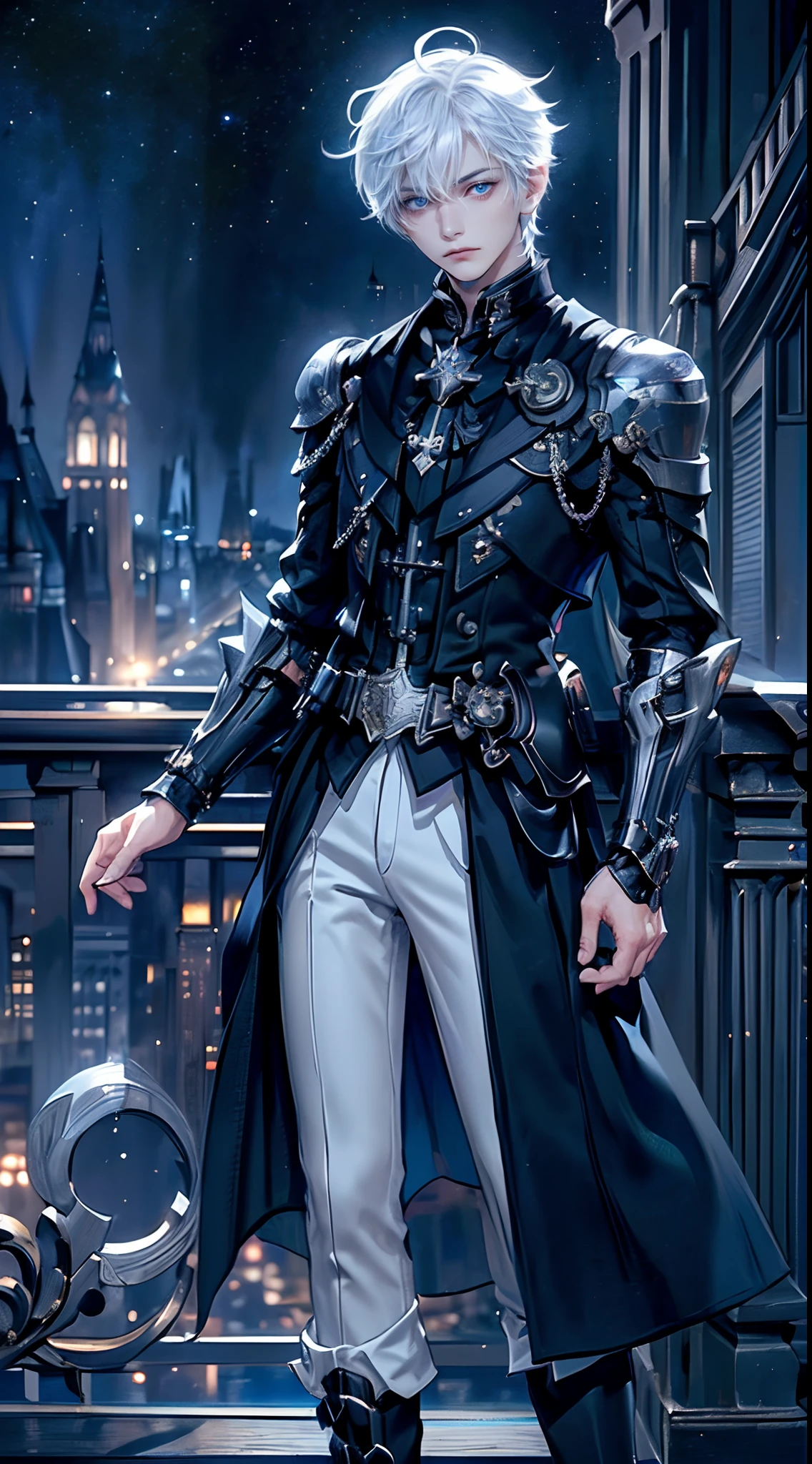 ((4K works))、​masterpiece、(top-quality)、One beautiful boy、Slim body、tall、((Black Y-shirt and white pants、Charming English knight style))、(Detailed beautiful eyes)、Fantastic English black balcony、Castle inhabited by villains、Villain Knight、Balcony at night、((Starry sky in the background))、((dark sky))、((Fashionable city scenery at midnight))、((Standing on a stylish balcony and shooting))、mid night、((Face similar to Carly Rae Jepsen))、((Short-haired white hair))、((Smaller face))、((Neutral face))、((Bright blue eyes))、((American adult male))、((Adult male 26 years old))、((Cool Men))、((Like a celebrity))、((Angry look))、((Korean Makeup))、((elongated and sharp eyes))、((Happy dating))、((boyish))、Professional Photos、(((Shot alone)))、((Shot from diagonally in front))、((Focus zoom in))、((He is looking at the starry sky))、((He is standing on the balcony))、horor、((Beautiful and cool photos))、Cool pose