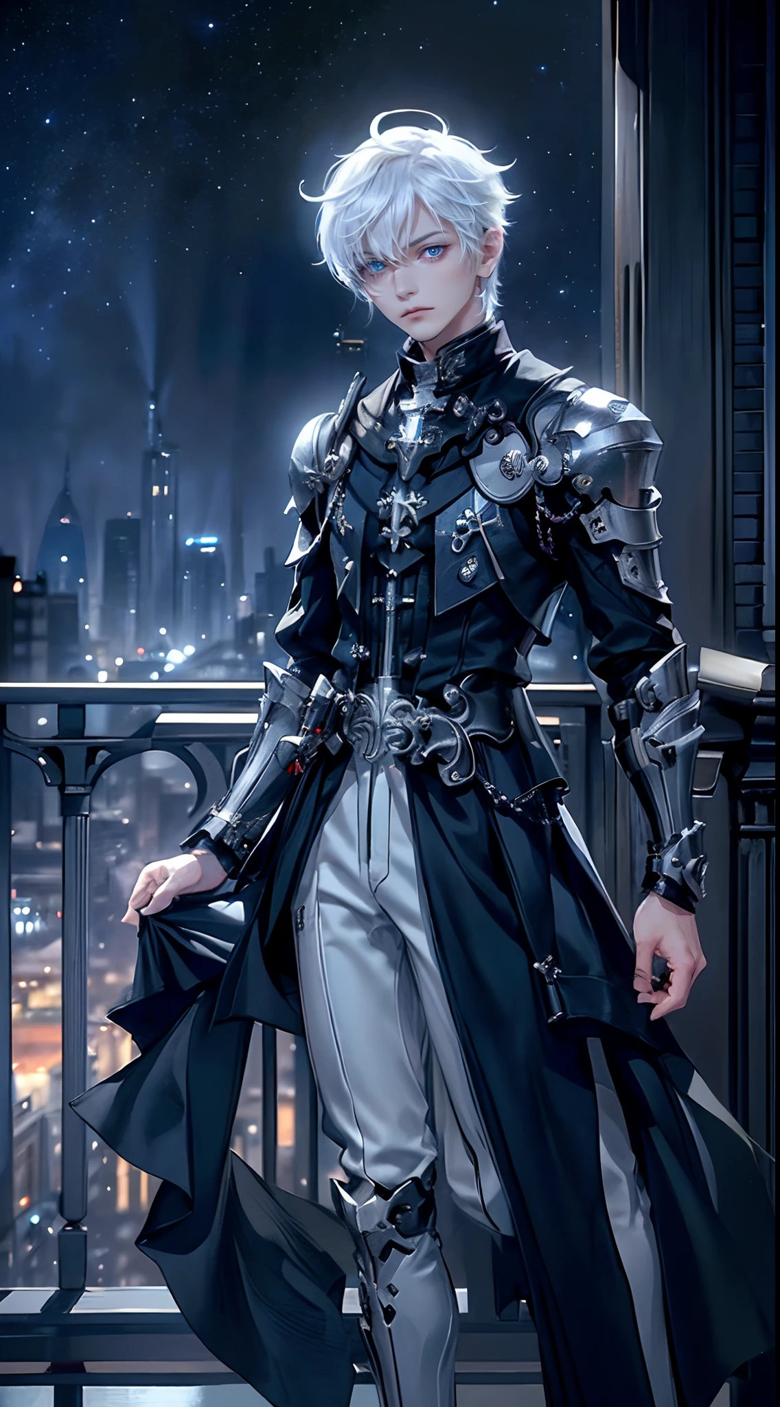 ((4K works))、​masterpiece、(top-quality)、One beautiful boy、Slim body、tall、((Black Y-shirt and white pants、Charming English knight style))、(Detailed beautiful eyes)、Fantastic English black balcony、Castle inhabited by villains、Villain Knight、Balcony at night、((Starry sky in the background))、((dark sky))、((Fashionable city scenery at midnight))、((Standing on a stylish balcony and shooting))、mid night、((Face similar to Carly Rae Jepsen))、((Short-haired white hair))、((Smaller face))、((Neutral face))、((Bright blue eyes))、((American adult male))、((Adult male 26 years old))、((Cool Men))、((Like a celebrity))、((Angry look))、((Korean Makeup))、((elongated and sharp eyes))、((Happy dating))、((boyish))、Professional Photos、(((Shot alone)))、((Shot from diagonally in front))、((Focus zoom in))、((He is looking at the starry sky))、((He is standing on the balcony))、horor、((Beautiful and cool photos))、Cool pose