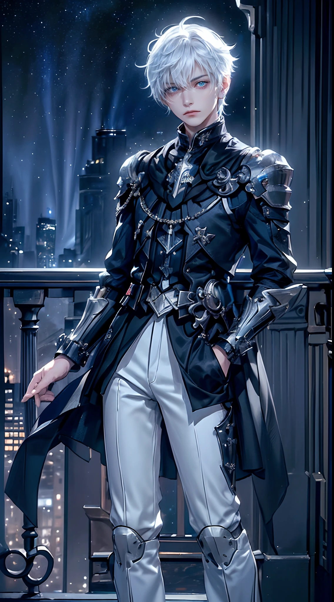 ((4K works))、​masterpiece、(top-quality)、One beautiful boy、Slim body、tall、((Black Y-shirt and white pants、Charming English knight style))、(Detailed beautiful eyes)、Fantastic English black balcony、Castle inhabited by villains、Villain Knight、Balcony at night、((Starry sky in the background))、((dark sky))、((Fashionable city scenery at midnight))、((Standing on a stylish balcony and shooting))、mid night、((Face similar to Carly Rae Jepsen))、((Short-haired white hair))、((Smaller face))、((Neutral face))、((Bright blue eyes))、((American adult male))、((Adult male 26 years old))、((Cool Men))、((Like a celebrity))、((Angry look))、((Korean Makeup))、((elongated and sharp eyes))、((Happy dating))、((boyish))、Professional Photos、(((Shot alone)))、((Shot from diagonally in front))、((Focus zoom in))、((He is looking at the starry sky))、((He is standing on the balcony))、horor、((Beautiful and cool photos))、Cool pose