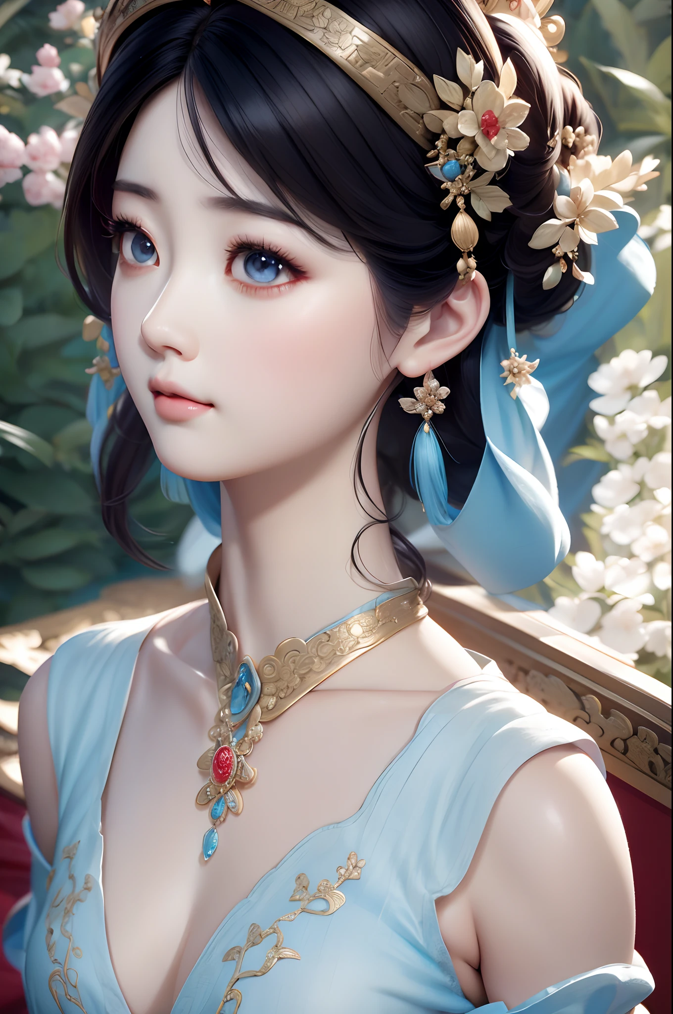 ภาพระยะใกล้ของผู้หญิงสวมสร้อยคอชุดเดรสสีฟ้าอ่อน, สไตล์จีน, สาวจีน, ภาพวาดตัวละครที่สวยงาม, กูวิซ-style artwork, พระราชวัง ， หญิงสาวในชุดฮันฟู, การเรนเดอร์ที่สวยงามของราชวงศ์ถัง, อะนิเมะสไตล์ 3 มิติที่สมจริง, กำลังมาแรงบน cgstation, งานศิลปะที่มีรายละเอียดคุณภาพสูง 8K, เจ้าหญิงจีนโบราณ, ผู้หญิงจีน, กูวิซ